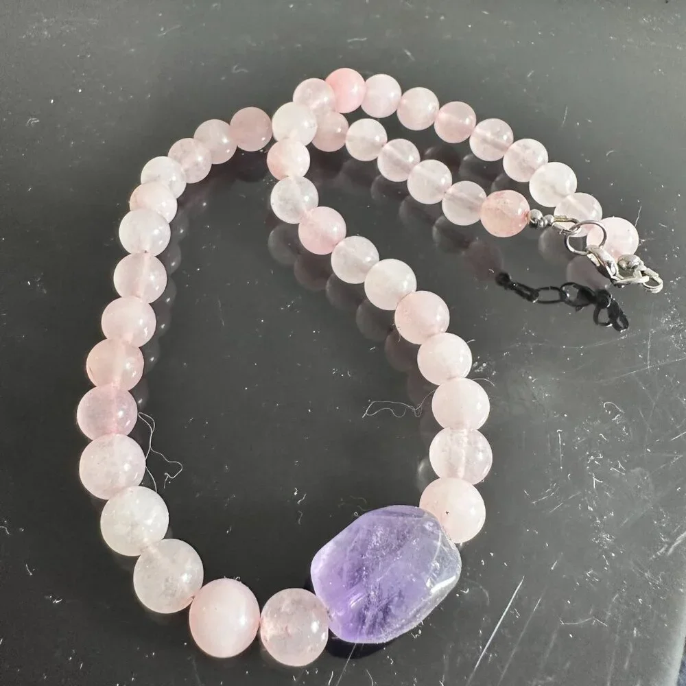 Genuine Amethyst Rose Quartz Necklace Choker Gift Natural Bohemian Hippie Purple - Picture 7 of 11